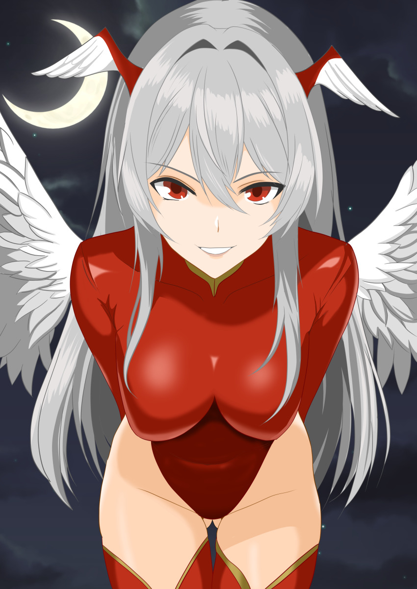 absurdres angel angel_wings arms_behind_back boots breasts commentary_request crescent_moon final_fantasy final_fantasy_tactics gluteal_fold grey_hair hair_between_eyes head_wings highres large_breasts leaning_forward leotard long_hair looking_at_viewer moon red_eyes red_leotard red_thighhighs sleeved_leotard smile thigh_boots thighhighs ultima_(fft) very_long_hair white_wings wings yuuyuu_(3jjbn)