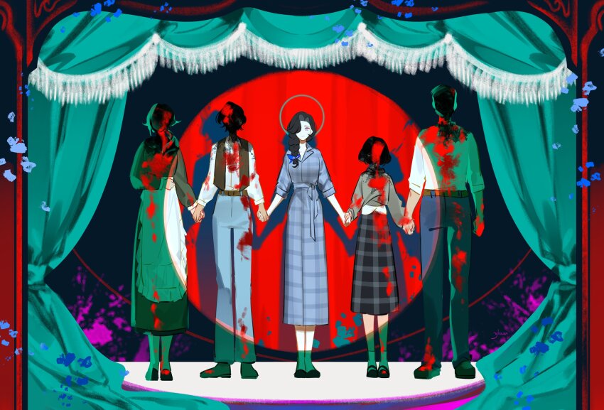 2boys 3girls apron belt black_dress black_hair blood blood_on_clothes blood_on_face blood_on_hands blue_dress blue_pants blue_ribbon braid brown_vest collared_shirt curtains dress family full_body grey_sweater hair_over_one_eye highres indoors long_hair long_sleeves looking_at_viewer mary_janes multiple_boys multiple_girls pants plaid_clothes plaid_skirt purple_eyes reverse:1999 ribbon shirt shoes short_hair signature single_braid skirt smile spotlight stage sweater tuesday_(reverse:1999) vest white_apron white_shirt ylceon