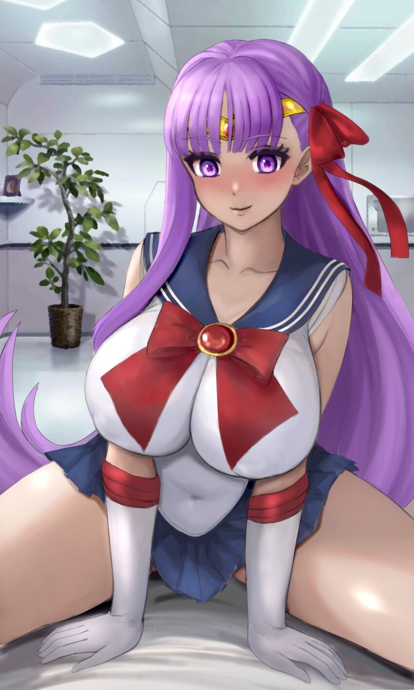 1girl absurdres bb_(fate) bishoujo_senshi_sailor_moon blue_sailor_collar blue_skirt blush bow bowtie breasts brooch circlet elbow_gloves fate/grand_order fate_(series) gloves hair_ribbon highres jewelry large_breasts long_hair looking_at_viewer miniskirt purple_eyes purple_hair raskasar red_ribbon ribbon sailor_collar sailor_senshi_uniform shirt sitting skirt smile solo very_long_hair white_gloves white_shirt