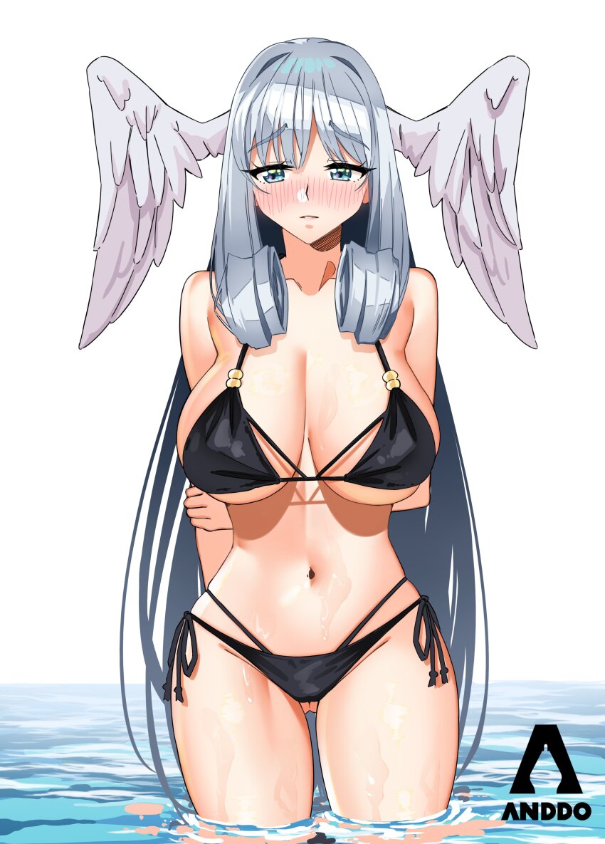 1girl absurdres alternate_costume bikini black_bikini blue_eyes breasts cleavage grey_hair head_wings highres i_am_anddo long_hair melia_antiqua outdoors solo swimsuit water wings xenoblade_chronicles_(series) xenoblade_chronicles_3