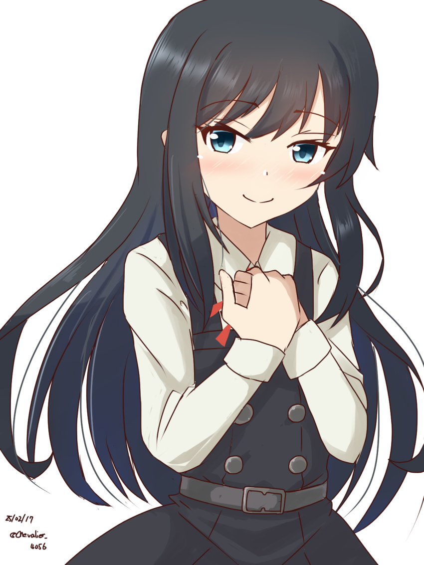 1girl asashio_(kancolle) asashio_kai_ni_(kancolle) belt black_hair blue_eyes blush collared_shirt dress hands_on_own_chest highres kantai_collection long_hair looking_at_viewer pinafore_dress sawatani_(chevalier_04056) shirt sleeveless sleeveless_dress solo upper_body white_shirt
