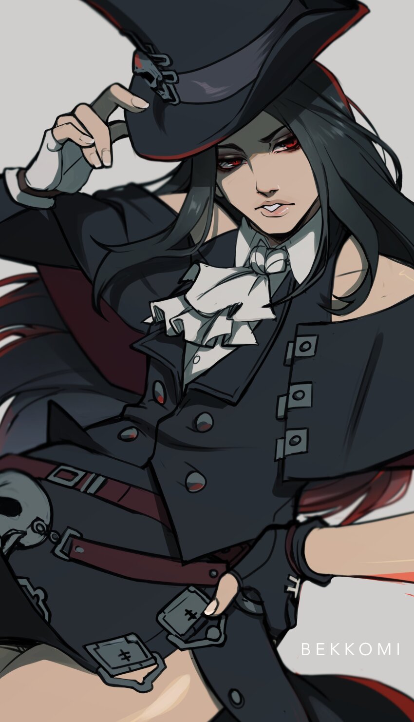 1other absurdres androgynous ascot asymmetrical_gloves bare_shoulders bekkomi belt black_gloves black_hair fingerless_gloves gloves guilty_gear guilty_gear_strive hand_on_headwear hand_on_own_hip hat highres long_hair multiple_belts open_mouth other_focus red_eyes simple_background skull solo testament_(guilty_gear) top_hat white_ascot white_background