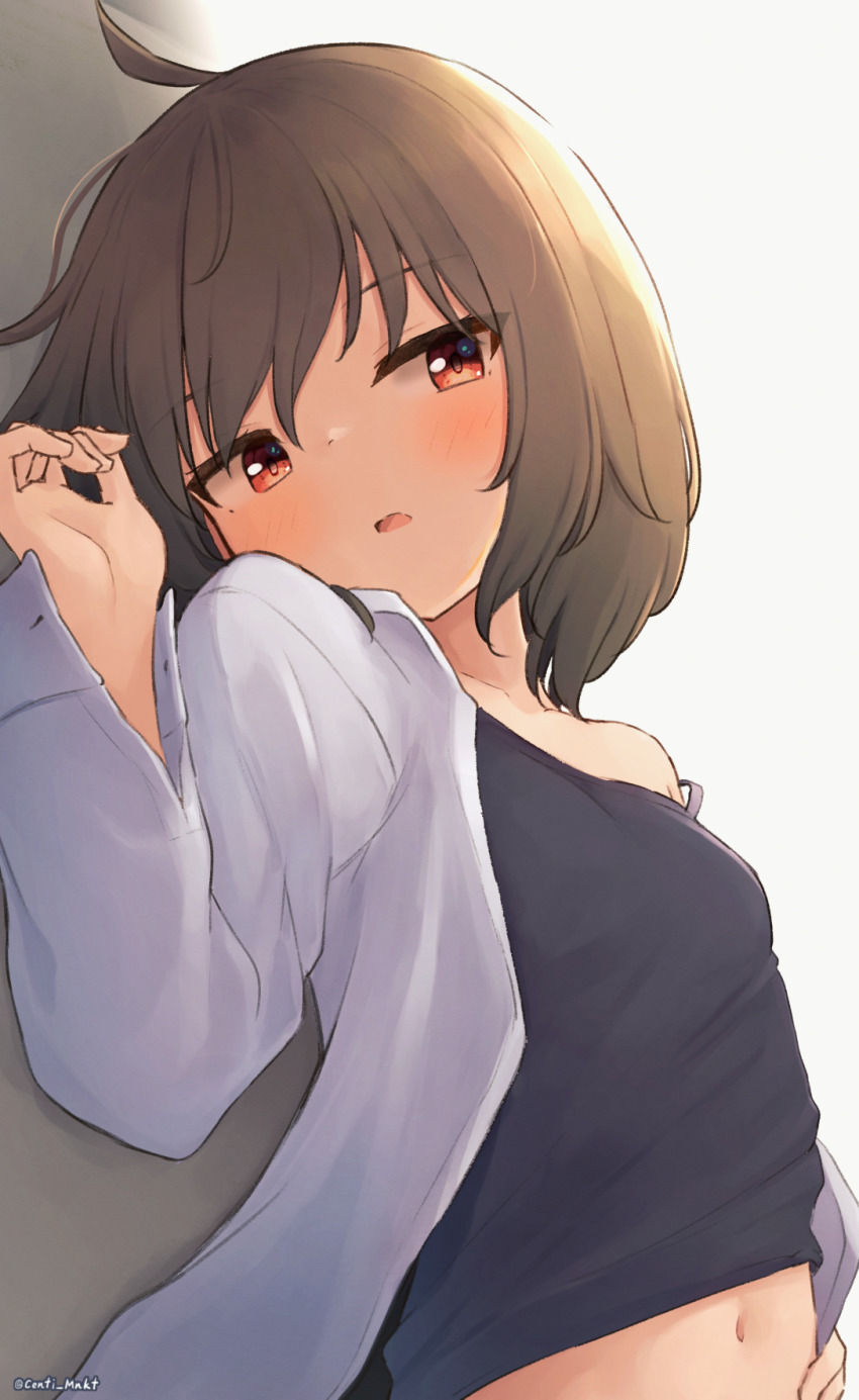 1girl ahoge arm_up black_camisole blush breasts brown_eyes brown_hair camisole centi_mnkt hand_on_own_stomach haruka_(centi_mnkt) highres looking_at_viewer lying midriff navel on_back open_clothes open_mouth open_shirt original shirt short_hair small_breasts solo upper_body white_shirt