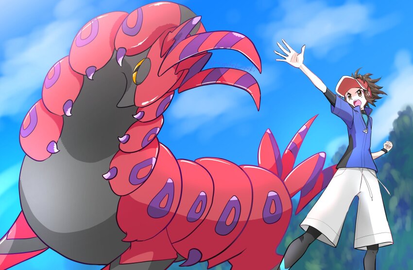 1boy antennae aqua_shirt artist_name baseball_cap black_eyes blue_jacket brown_eyes brown_hair bug centipede colored_sclera colored_skin creatures_(company) game_freak gen_5_pokemon grey_skin hat highres horns jacket multicolored_skin multiple_tails nate_(pokemon) nintendo open_mouth pokemon pokemon_(creature) pokemon_bw2 pokemon_focus pokepokekonpeki red_hat red_skin scolipede shirt short_hair short_sleeves shorts tail two-tone_skin two_tails v-shaped_eyebrows v-shaped_eyes visor_cap white_shorts yellow_sclera