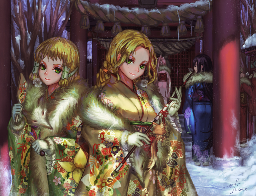 10s 2015 5girls arrow_(projectile) bare_tree black_hair blonde_hair braid closed_mouth dated day edenfox ema closed_eyes floral_print fur_trim furisode green_eyes hagoita hair_tubes hamaya head_tilt highres holding inubouzaki_fuu inubouzaki_itsuki japanese_clothes kimono long_hair looking_at_viewer magical_girl miyoshi_karin multiple_girls new_year obi outdoors paddle parted_lips pink_hair ponytail rope sash shimenawa shrine siblings side_ponytail signature sisters smile snow standing tougou_mimori tree very_long_hair winter yuuki_yuuna yuuki_yuuna_wa_yuusha_de_aru yuusha_de_aru