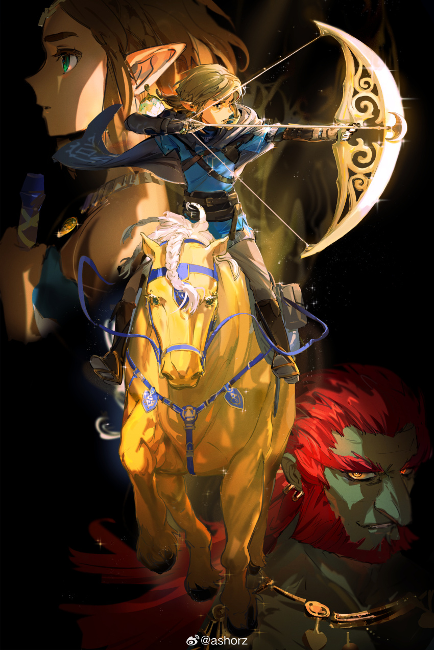 1girl 2boys absurdres arrow_(projectile) ashorz bare_shoulders beard belt belt_buckle black_background black_skin black_sleeves blonde_hair blue_dress blue_eyes blue_tunic boots bow_(weapon) bracer brown_belt brown_footwear brown_pants buckle chest_belt circlet cloak closed_mouth collarbone colored_skin crossed_belts drawing_bow dress earrings expressionless facial_hair from_side ganondorf glowing glowing_eyes gold_necklace green_eyes grey_cloak heterochromia high_belt highres holding holding_arrow holding_bow_(weapon) holding_sword holding_weapon hood hood_down hooded_cloak horseback_riding jewelry layered_sleeves light_particles link long_hair long_sleeves looking_to_the_side mechanical_arms multiple_belts multiple_boys necklace nintendo one_eye_closed pants parted_lips pointy_ears pointy_nose ponytail poster_(medium) princess_zelda red_eyes red_hair reins riding secret_stone short_hair short_over_long_sleeves short_ponytail short_sleeves single_mechanical_arm sparkle sphere_earrings strapless strapless_dress sword the_legend_of_zelda the_legend_of_zelda:_tears_of_the_kingdom tunic watermark weapon weibo_watermark yellow_eyes