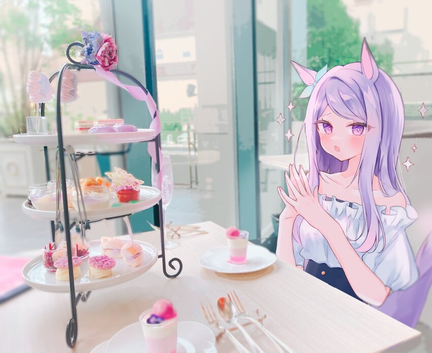 1girl absurdres alternate_costume animal_ears blush bow ear_ribbon food fork from_side green_ribbon highres horse_ears horse_girl long_hair looking_at_viewer macaron mejiro_mcqueen_(umamusume) moko_(mokochisa) off-shoulder_shirt off_shoulder photo_(medium) purple_eyes purple_hair real_life_insert ribbon shirt short_sleeves sitting solo spoon swept_bangs table umamusume