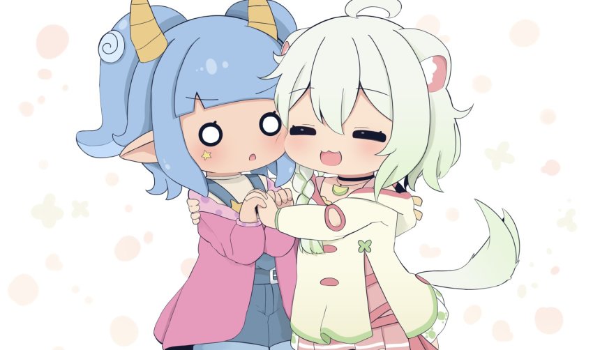 2girls ahoge animal_ear_fluff animal_ears black_choker blue_hair blunt_bangs cheek-to-cheek chibi choker closed_eyes clothing_cutout ferret_girl ferret_tail food fruit gradient_hair hackerling heads_together highres horns indie_virtual_youtuber jacket laimu_(vtuber) laimu_(vtuber)_(1st_costume) light_blush light_green_hair lime_(fruit) marking_on_cheek multicolored_hair multiple_girls o_o patterned_background paw_print pink_jacket poco_(zdrq3) pointy_ears star_(symbol) tail twintails vinesauce virtual_youtuber