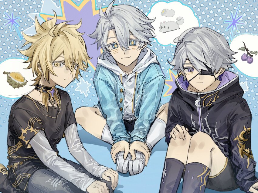3boys :&lt; :3 aged_down ahoge alternate_form antenna_hair black_hoodie black_shirt black_shorts black_socks blonde_hair blue_jacket blush child choker commentary costume_request crescent curtained_hair denim eyepatch hair_between_eyes hair_over_one_eye hands_on_own_knees highres honkai:_star_rail honkai_(series) hood hoodie jacket jeans layered_sleeves long_sleeves looking_at_viewer male_focus multiple_boys multiple_persona pants phainon_(honkai:_star_rail) phainon_(khaslana)_(honkai:_star_rail) purple_eyes radonl9 shirt shoes short_hair short_over_long_sleeves short_sleeves shorts sitting socks symbol-only_commentary symbol-shaped_pupils torn_clothes torn_jeans torn_pants white_hair white_shirt white_shoes white_socks yellow_eyes zipper