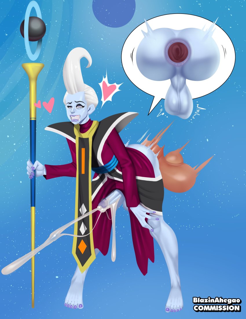1girl 1other absurdres anal anus blazinahegao clothes cum dragon_ball dragon_ball_super ejaculation flying heart highres implied_yaoi large_penis large_testicles medium_hair night night_sky open_clothes penis penis_size_difference presenting rolling_eyes saliva saliva_trail sex sex_from_behind sky space star_(sky) stick testicles veins veiny_penis whis white_hair