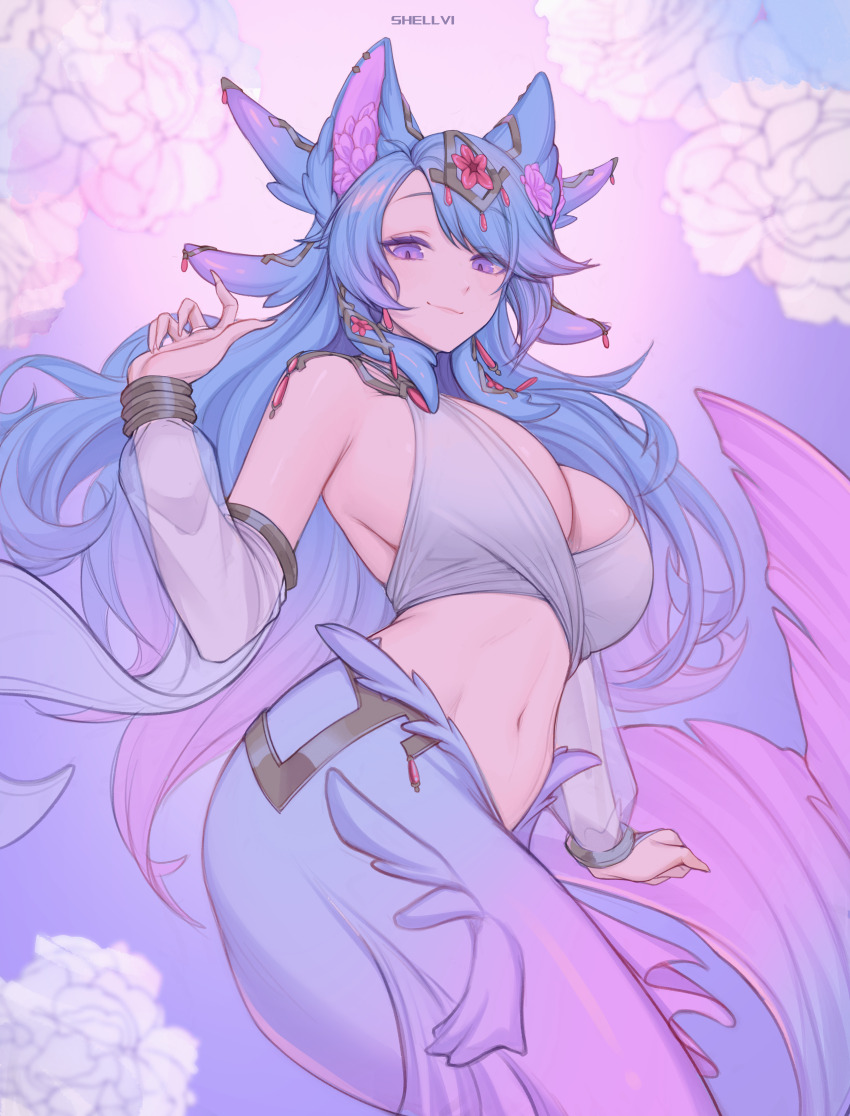 1girl absurdres animal_ear_fluff animal_ears blue_hair breasts detached_sleeves fins gradient_hair head_fins highres indie_virtual_youtuber large_breasts long_hair looking_at_viewer mermaid monster_girl multicolored_hair navel pink_hair purple_eyes purple_hair see-through_clothes see-through_sleeves shellvi silvervale solo virtual_youtuber wolf_ears wolf_girl