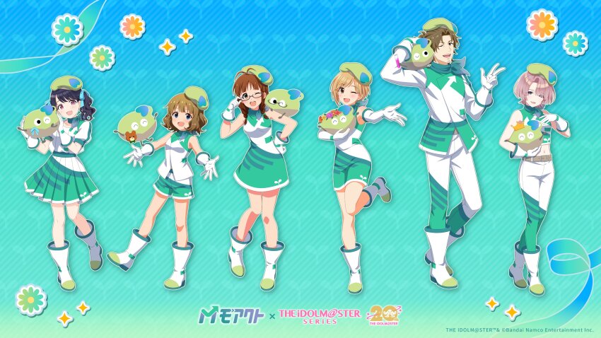 1boy 5girls :d absurdres aiba_yumi akizuki_ritsuko arimura_mao artist_request belt black_hair blonde_hair blue_ribbon blush boots braid brown_eyes brown_hair commentary_request company_name copyright_name copyright_notice cropped_shirt dress elbow_gloves facial_hair fangs flower_symbol fukumaru_koito full_body gakuen_idolmaster glasses gloves goatee green_hat hair_ribbon hat highres holding idolmaster idolmaster_(classic) idolmaster_cinderella_girls idolmaster_million_live! idolmaster_shiny_colors idolmaster_side-m long_sleeves looking_at_viewer mascot midriff multiple_girls navel official_art one_eye_closed open_mouth pants pink_hair pleated_skirt promotional_art purple_eyes ribbon semi-rimless_eyewear shirt short_hair short_sleeves shorts skin_fangs skirt sleeveless sleeveless_shirt smile standing suou_momoko teeth twin_braids twintails under-rim_eyewear upper_teeth_only white_boots white_gloves yamashita_jiro