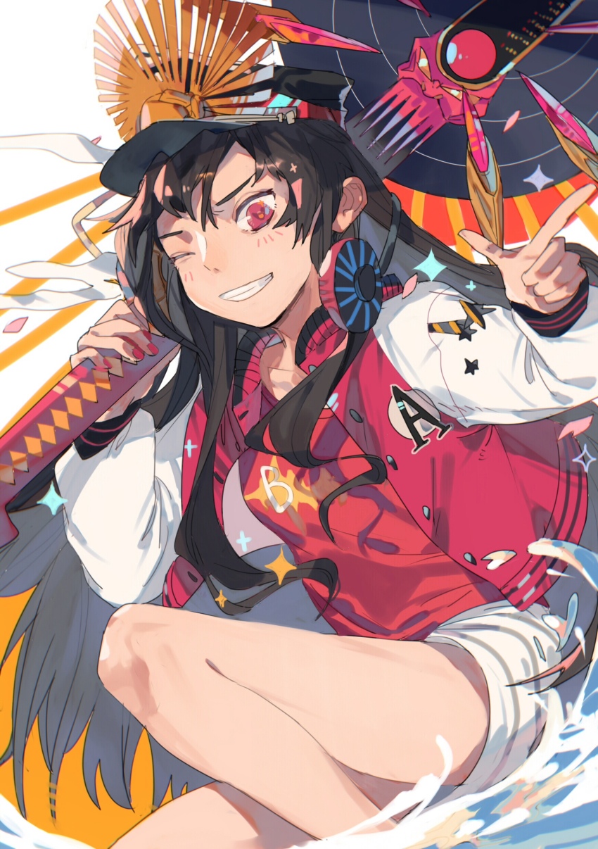 1girl absurdres bare_legs black_hair black_headwear commentary fate/grand_order fate_(series) feet_out_of_frame finger_gun grin headphones headphones_around_neck highres holding holding_sword holding_weapon jacket letterman_jacket long_hair looking_at_viewer oda_nobunaga_(fate) oda_nobunaga_(koha-ace) oda_nobunaga_(swimsuit_berserker)_(first_ascension)_(fate) one_eye_closed open_clothes open_jacket red_eyes red_jacket red_shirt shirt shorts simple_background smile solo sparkle sword taowu_(20809) weapon white_background white_shorts white_sleeves