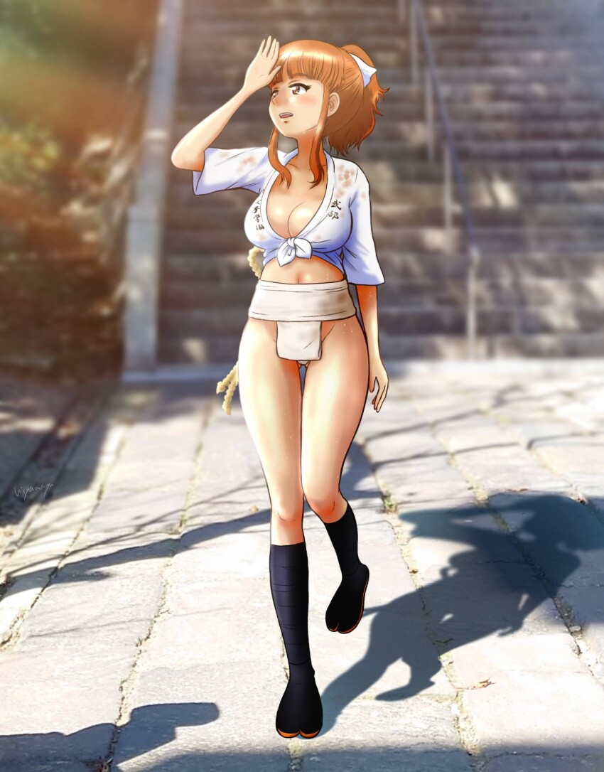 alternate_hairstyle blurry blurry_background breasts full_body fundoshi girls_und_panzer highres hiyama_yuu_(wee259hiyama) japanese_clothes large_breasts looking_to_the_side medium_hair mizu_happi navel orange_hair outdoors ribbon shadow shirt solo standing takebe_saori white_ribbon white_shirt