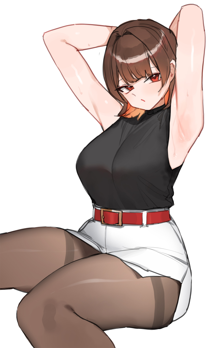 1girl absurdres alternate_costume armpits arms_behind_head arms_up bare_shoulders belt black_shirt black_survival breasts brown_hair brown_pantyhose closed_mouth colored_inner_hair estelle_(black_survival) eternal_return:_black_survival feet_out_of_frame high-waist_skirt highres large_breasts looking_at_viewer medium_hair miniskirt multicolored_hair orange_hair pantyhose pleated_skirt red_eyes see-through_cleavage see-through_clothes shirt shirt_tucked_in side_slit simple_background skirt sleeveless sleeveless_shirt solo sweat thick_thighs thighband_pantyhose thighs tunamayo_(dsasd751) white_background white_skirt