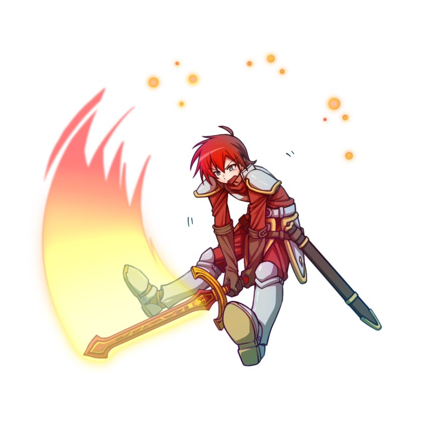 1boy adol_christin arkibk armor brown_gloves commentary_request faulds fire flaming_sword flaming_weapon full_body gloves greaves grey_eyes highres holding holding_sword holding_weapon male_focus open_mouth pauldrons red_hair short_hair shoulder_armor solo sword v-shaped_eyebrows weapon white_background ys ys_vi:_the_ark_of_napishtim