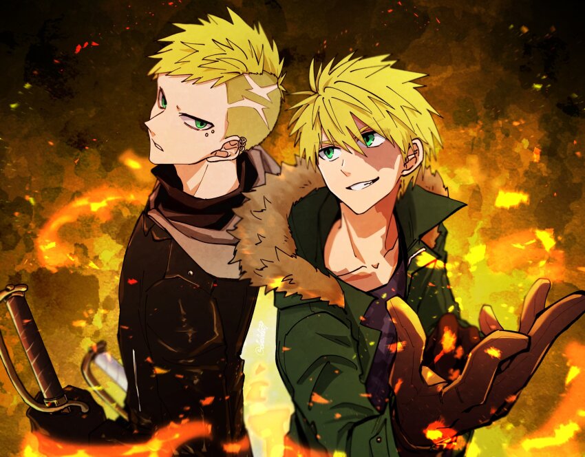 2boys asymmetrical_bangs back-to-back black_gloves black_jacket black_shirt blonde_hair brothers burn_scar coat collarbone commentary_request cutlass dbdbdb39 determined dual_wielding ear_piercing embers eye_piercing fang fire fugo_dressel fur-trimmed_hood fur_trim furrowed_brow gloves green_coat green_eyes grey_hoodie grin hair_between_eyes highres higyaku_no_noel holding holding_sword holding_weapon hood hood_down hooded_coat hoodie jacket leather leather_jacket long_sleeves looking_at_another looking_at_viewer male_focus multiple_boys multiple_piercings open_clothes open_coat orange_background oscar_dressel outstretched_hand parted_lips piercing pyrokinesis scar scar_on_face scar_on_neck shirt short_hair siblings sideburns smile sword thick_eyebrows turtleneck turtleneck_shirt upper_body weapon