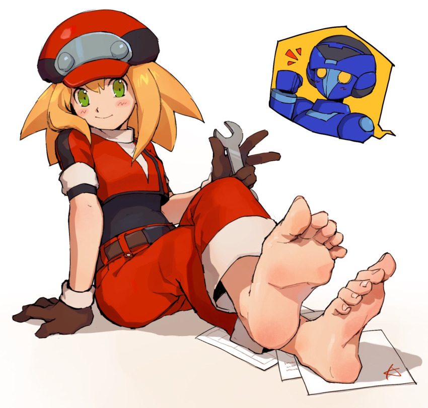 1boy 1girl alternate_universe barefoot black_bodysuit blonde_hair blueprint_(object) blush bodysuit bodysuit_under_clothes breasts brown_gloves excited feet gloves green_eyes hat highres holding holding_wrench karen_(karenoni1031) medium_breasts mega_man_(series) mega_man_legends_(series) mega_man_volnutt non-humanoid_robot non-web_source pants papers red_hat red_pants red_shirt robot roll_caskett_(mega_man) shirt soles toes wrench