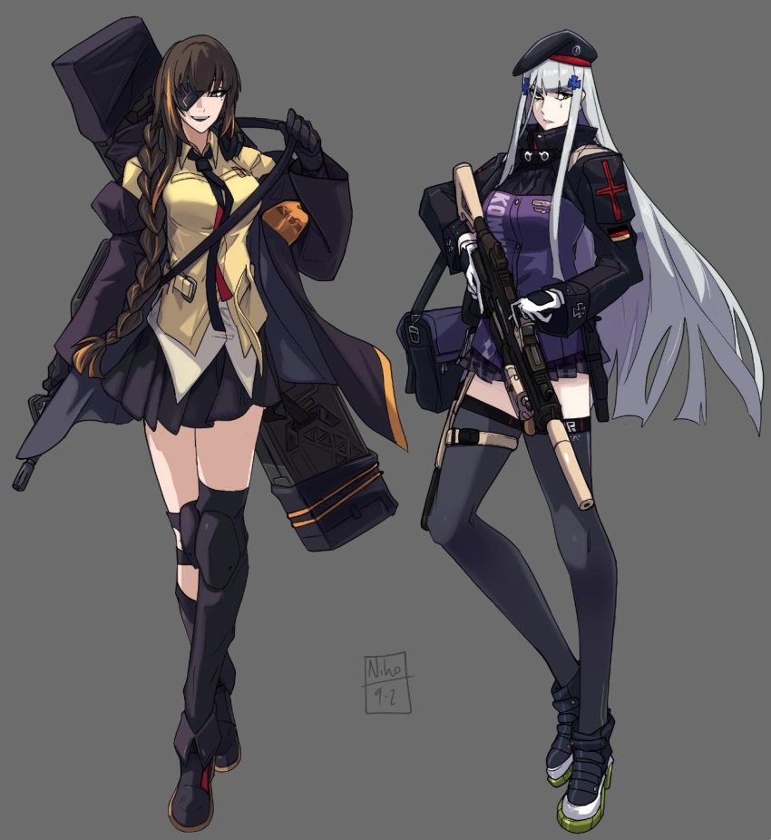 2girls assault_rifle bag beret black_gloves boots braid braided_ponytail brown_hair case collared_shirt directed-energy_weapon energy_cannon energy_gun energy_weapon eyepatch facial_mark full_body girls&#039;_frontline gloves green_eyes gun h&amp;k_hk416 hair_ornament hairclip hat high_heel_boots high_heels highres hime_cut hk416_(girls&#039;_frontline) holding holding_gun holding_weapon jacket kamuify knee_brace knee_pads long_hair looking_at_viewer m16 m16a1 m16a1_(girls&#039;_frontline) magnetic_weapon mole mole_under_eye multicolored_hair multicolored_jacket multiple_girls necktie particle-beam_weapon particle_cannon_case pleated_skirt rifle scar scar_across_eye scar_on_face shirt shoulder_bag shoulder_strap silver_hair skirt strap_pull streaked_hair thighhighs two-tone_jacket weapon weapon_case white_gloves zettai_ryouiki