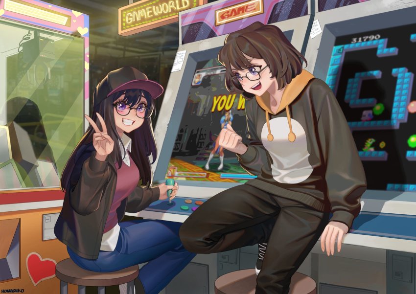 2girls arcade arcade_cabinet black-framed_eyewear black_footwear black_hair black_jacket blush breasts brown_hair bubble_bobble capcom commission denim glasses grin hat highres hongcasso hood hoodie jacket jeans large_breasts long_hair long_sleeves looking_at_another multiple_girls open_mouth original pants parted_lips purple_eyes rectangular_eyewear round_eyewear shoes short_hair sitting smile sneakers stool street_fighter taito teeth v