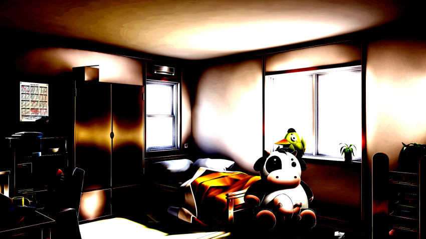 air_conditioner bed bedroom blanket book book_stack bookshelf bowl box cabinet calendar_(object) cardboard_box ceiling chair closet commentary crumpled_paper cup day desk doki_doki_literature_club english_commentary floor game_cg high_contrast highres horror_(theme) house indoors mug no_humans non-web_source official_art overexposure paper pillow plant potted_plant shelf spoilers stuffed_animal stuffed_bird stuffed_cow stuffed_toy sunlight towel velinquent window window_shadow wooden_desk
