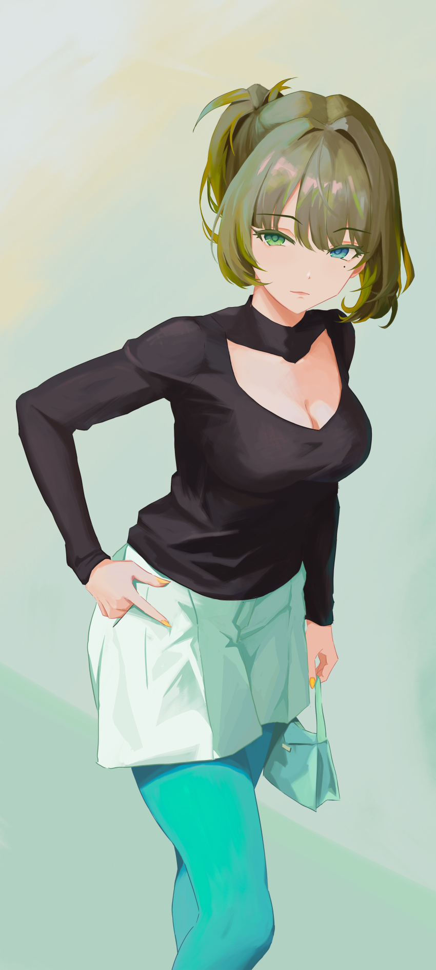 1girl absurdres aqua_leggings bag black_shirt breasts cleavage cleavage_cutout clothing_cutout commentary_request feet_out_of_frame heterochromia highres holding holding_bag idolmaster idolmaster_cinderella_girls leggings_under_shorts looking_at_viewer medium_breasts mole mole_under_eye qingli_ye shirt shorts solo takagaki_kaede white_shorts