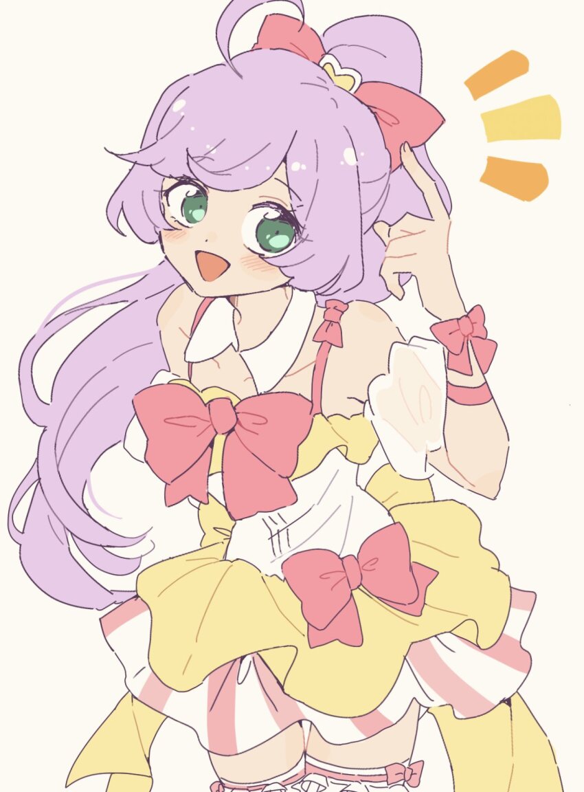 1girl :d ahoge bare_shoulders blush bow coattails cowboy_shot detached_collar detached_sleeves dress green_eyes hair_bow hand_up highres layered_skirt long_hair looking_at_viewer manaka_laala multicolored_dress nojima_minami notice_lines open_mouth pink_bow pointing pointing_at_self ponytail pretty_series pripara puffy_detached_sleeves puffy_sleeves purple_hair short_dress simple_background skirt sleeveless sleeveless_dress smile solo standing thighhighs very_long_hair waist_bow white_background white_sleeves white_thighhighs