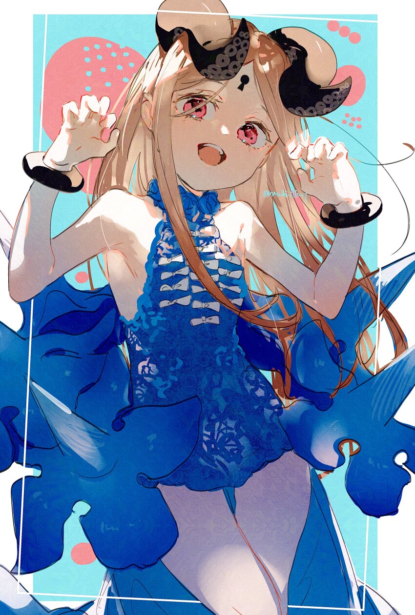 1girl abigail_williams_(fate) abigail_williams_(fgo_fes._2025)_(fate) absurdres blonde_hair blue_dress claw_pose commentary_request curled_horns demon_girl dress fate/grand_order fate_(series) flat_chest highres horns keyhole long_hair looking_at_viewer nasubi_illust open_mouth red_eyes smile strapless strapless_dress tentacles thigh_gap
