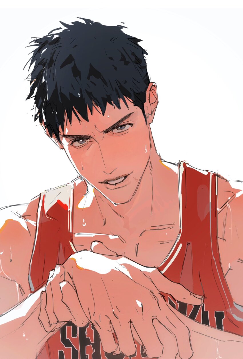 11114tai 1boy arms_up basketball_jersey black_hair collarbone commentary_request grey_eyes hand_on_own_wrist highres looking_up male_focus mitsui_hisashi red_shirt romaji_text shirt short_hair simple_background slam_dunk_(series) smile solo sweat teeth upper_body v-shaped_eyebrows very_sweaty white_background