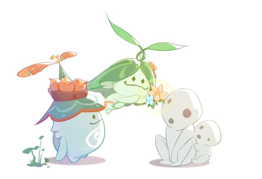 :3 :o aranara_(genshin_impact) arapacati_(genshin_impact) araphala_(genshin_impact) blue_flower bow chinese_commentary closed_mouth commentary_request flower food fruit genshin_impact highres hollow_eyes kodama leaf looking_at_another mononoke_hime no_humans orange_bow orange_flower plant shadow simple_background sitting smile standing sunsettia_(genshin_impact) via_shinan white_background