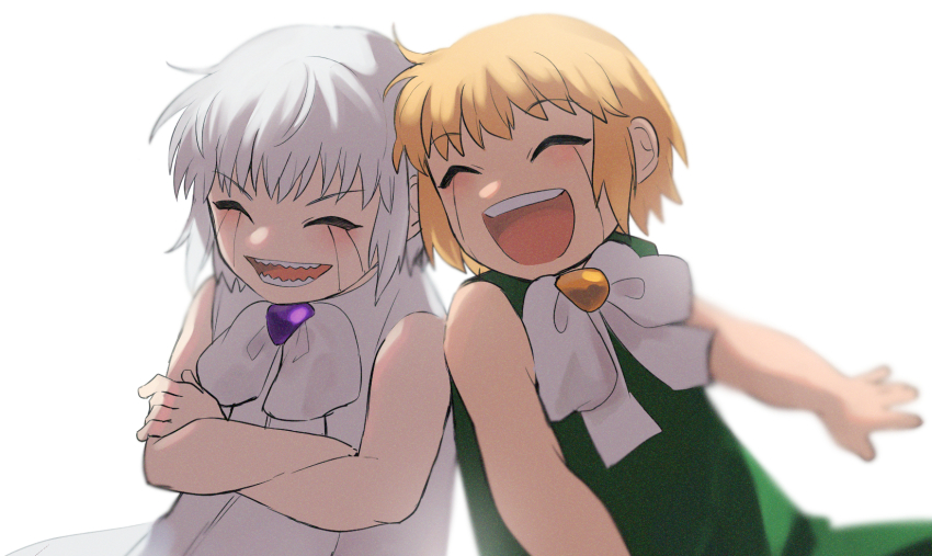 2boys blonde_hair bow bowtie cloak closed_eyes gash_bell green_cloak happy highres konjiki_no_gash!! laughing multiple_boys open_mouth shirt short_hair siblings simple_background white_background white_cloak white_hair zeno_bell zfhe8252