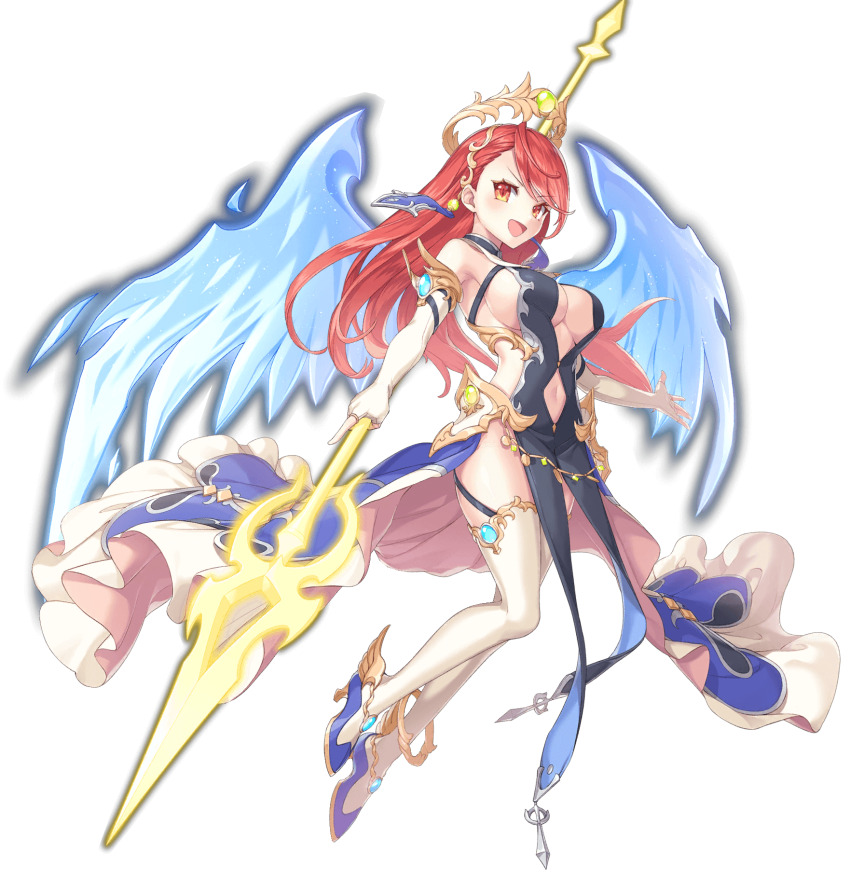 1girl artist_request bird breasts clothing_cutout crow full_body highres holding holding_polearm holding_weapon legend_clover long_hair navel navel_cutout nike_(legend_clover) official_art open_mouth polearm red_eyes red_hair revealing_clothes sideboob spear third-party_source transparent_background weapon wings
