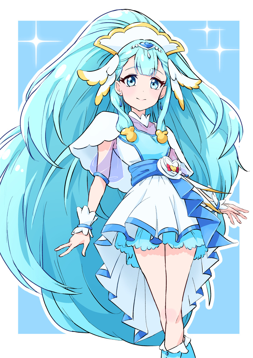 1girl absurdres big_hair blue_background blue_boots blue_eyes blue_hair blue_sash boots closed_mouth crossed_knees cure_ange dress earrings hair_ornament heart_pouch highres hugtto!_precure jewelry keijirou_(mukunozaltusou) knee_boots long_hair looking_at_viewer magical_girl petticoat precure sash short_dress short_sleeves smile solo sparkle standing very_long_hair white_dress wrist_cuffs yakushiji_saaya