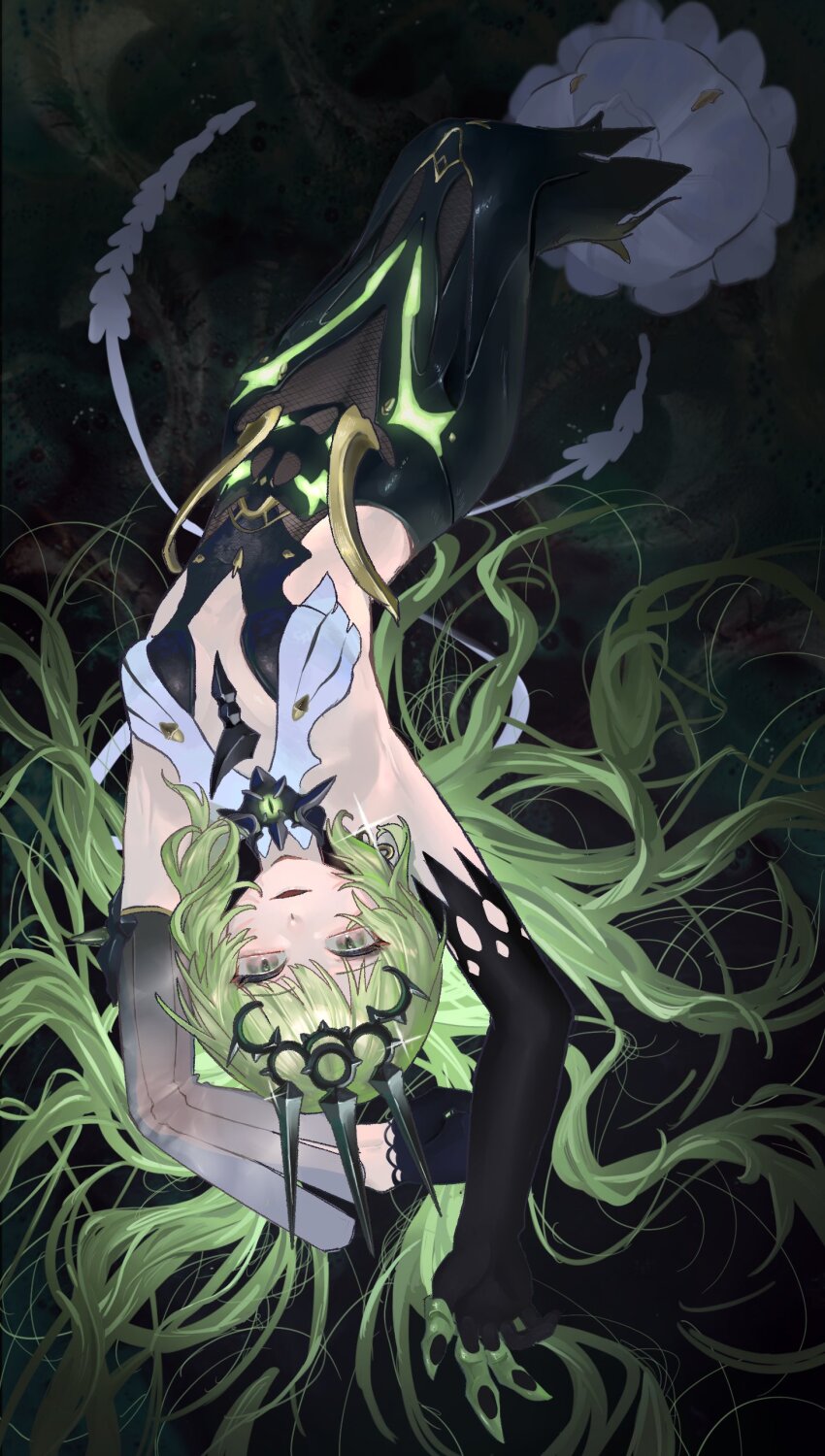 1girl absurdres alt_text armpits arms_up black_dress black_gloves black_tiara claws commentary commentary_request dress duoyun_de_tiankong elbow_gloves english_commentary gloves green_hair highres honkai_(series) honkai_impact_3rd long_hair mixed-language_commentary mobius_(honkai_impact) parted_lips slit_pupils solo spikes tiara upside-down very_long_hair