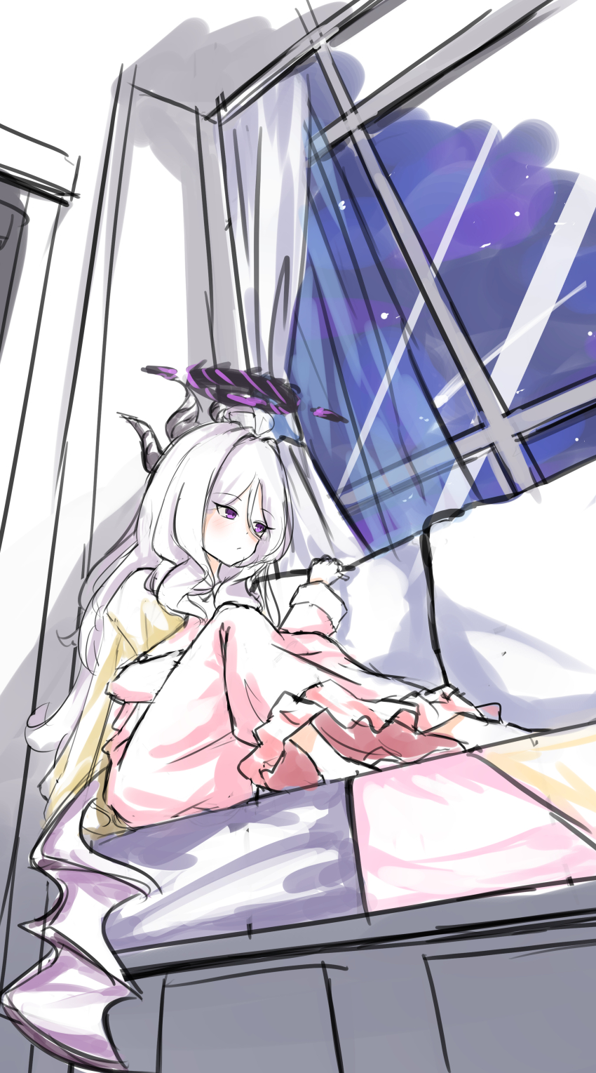 1girl absurdres bat_wings blue_archive couch curtains demon_horns fall_(5754478) highres hina_(blue_archive) hina_(pajamas)_(blue_archive) horns knees_to_chest long_hair nightgown pillow purple_eyes sitting sketch solo white_hair window wings