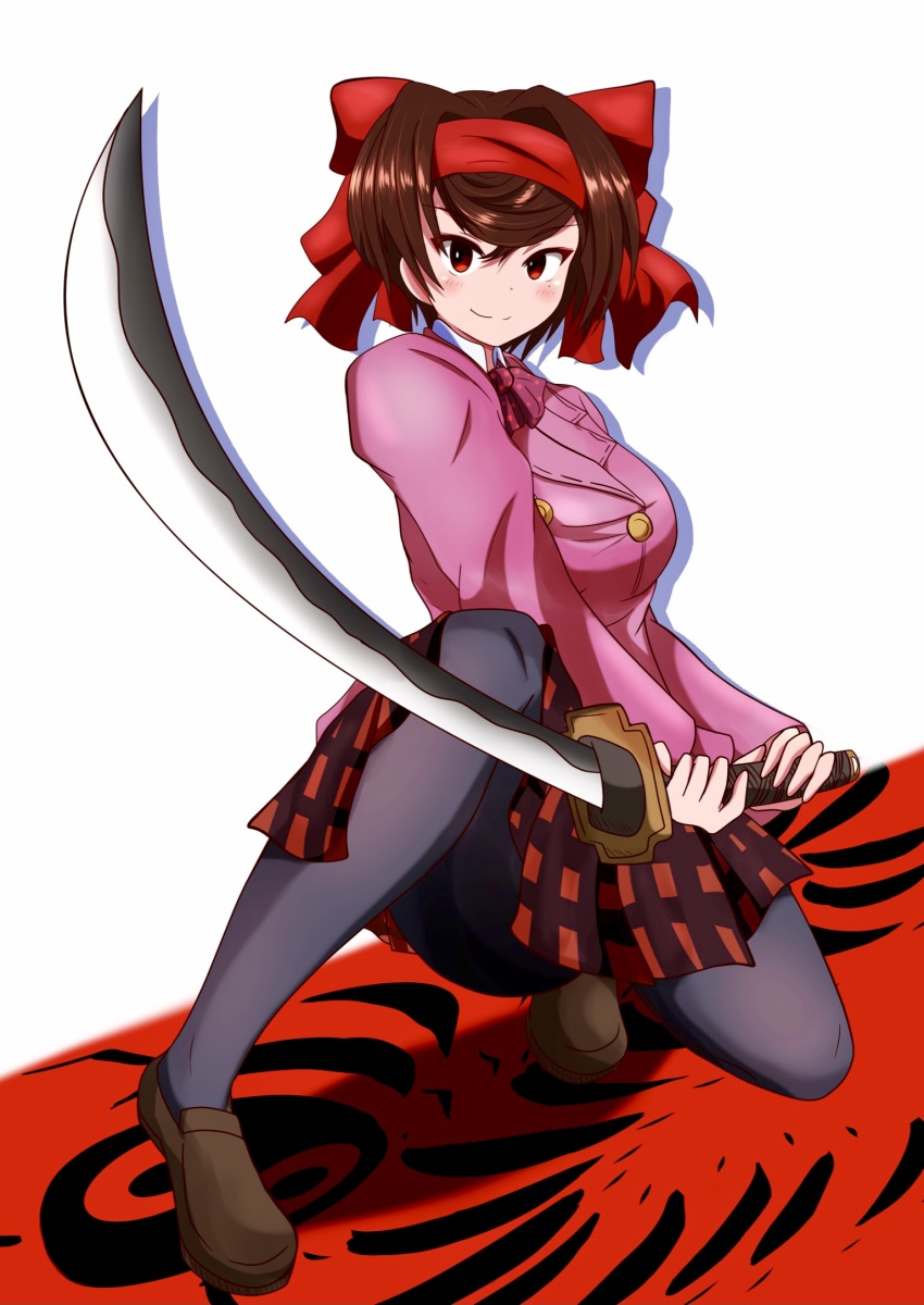 1girl black_hair black_pantyhose blouse bow bowtie brown_shoes bug centipede closed_mouth commentary dress_shirt emblem girls_und_panzer girls_und_panzer_ribbon_no_musha hair_bow hair_ribbon highres holding holding_weapon jacket large_bow loafers long_sleeves looking_at_viewer meiya mole mole_under_eye naginata on_one_knee pantyhose polearm purple_jacket red_bow red_bowtie red_eyes red_ribbon ribbon school_uniform shadow shirt shoes short_hair smile solo swept_bangs tatenashi_high_school_uniform tsuruki_shizuka weapon white_background white_shirt