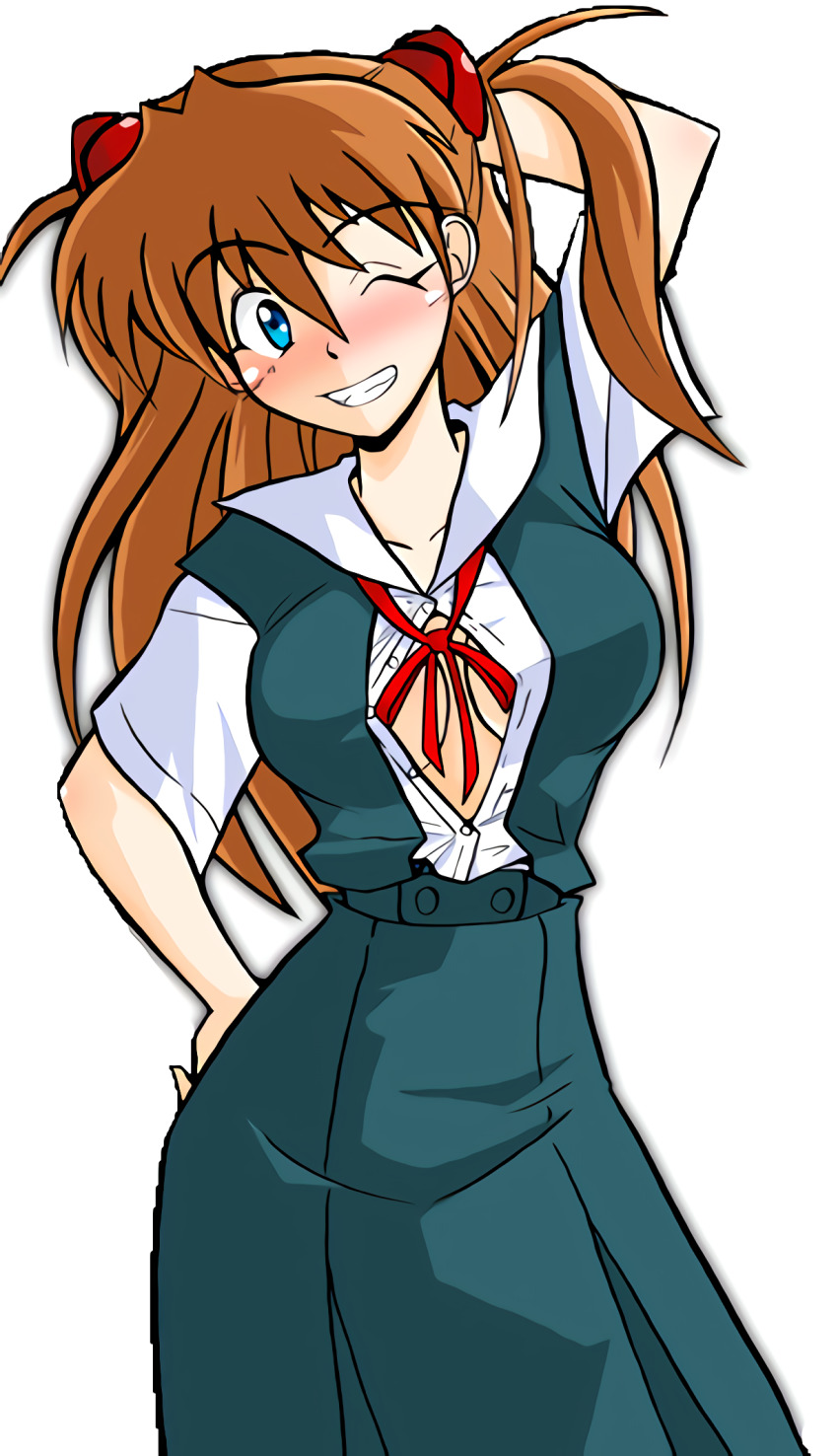 1girl arm_behind_head arm_up blue_eyes blush breasts cleavage contrapposto cowboy_shot facing_viewer grin half_updo hand_on_own_hip hetano_yokoduki highres interface_headset_(evangelion) large_breasts long_hair looking_at_viewer model_pose neon_genesis_evangelion no_bra one_eye_closed open_clothes open_shirt orange_hair school_uniform simple_background smile solo souryuu_asuka_langley standing tokyo-3_middle_school_uniform twintails white_background wink