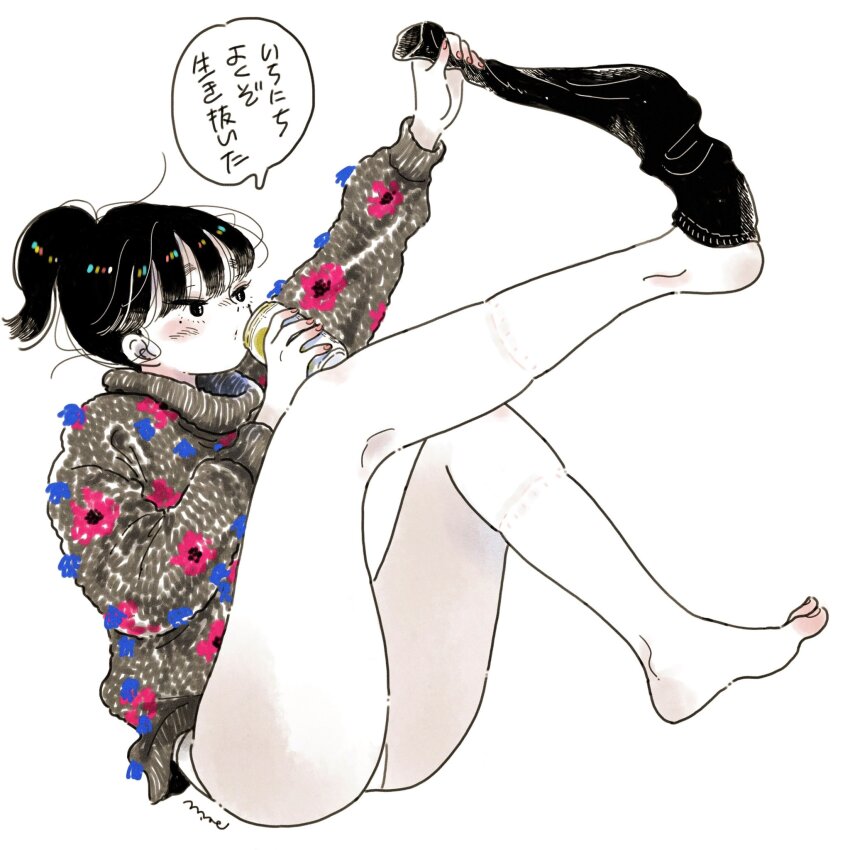 1girl alcohol barefoot black_eyes black_hair black_socks blush brown_sweater can choppy_bangs colored_skin commentary drinking emamemamo33 floral_print full_body highres holding iridescent iridescent_hair long_sleeves looking_at_object nail_polish no_pants original panties pink_nails ponytail short_hair signature simple_background single_sock socks solo speech_bubble sweater toenails underwear white_background white_panties white_skin