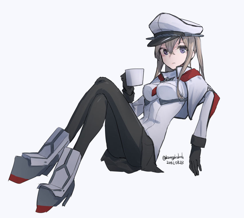 1girl black_gloves black_pantyhose black_skirt blonde_hair breasts capelet cross cup dated gloves graf_zeppelin_(kancolle) grey_eyes hair_between_eyes hat highres invisible_chair iron_cross kangoku_kou kantai_collection large_breasts looking_at_viewer military military_hat military_uniform miniskirt mug one-hour_drawing_challenge pantyhose peaked_cap sidelocks simple_background sitting skirt solo twintails twitter_username white_background