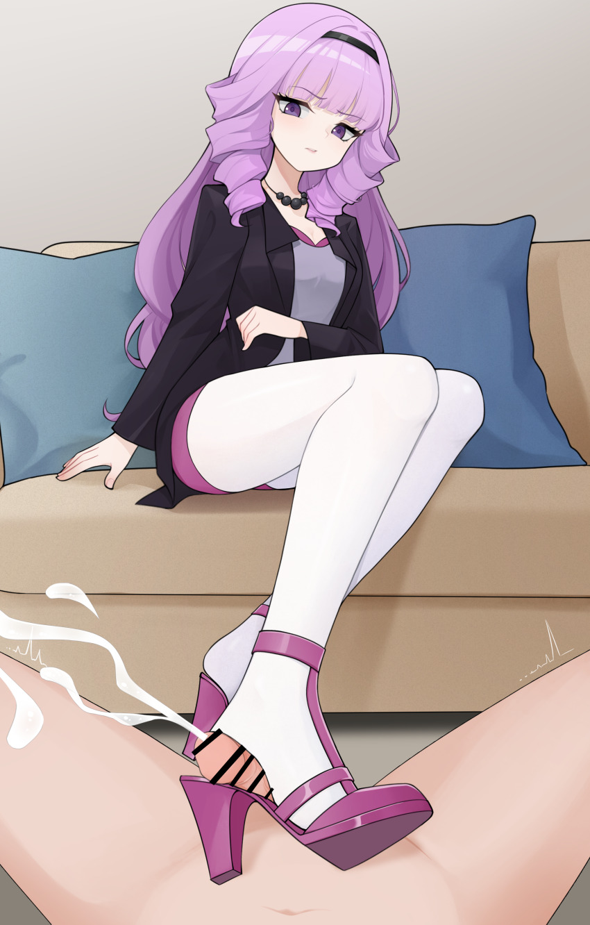 1boy 1girl absurdres bar_censor bead_necklace beads black_hairband blush breasts cardfight!!_vanguard censored clothed_female_nude_male commission couch cum drill_hair drill_sidelocks ejaculation erection eyelashes feet footjob foreshortening full_body grey_background grey_shirt hairband hashima_rin hetero highres indoors jacket jewelry legs long_hair long_sleeves looking_at_viewer medium_breasts necklace nude on_couch on_ground open_clothes open_jacket pantyhose parted_lips penis pillow pixiv_commission pov purple_eyes purple_hair purple_shoes shirt shoejob shoes sidelocks simple_background sitting solo_focus strappy_heels white_pantyhose wl217_(nicexa111)