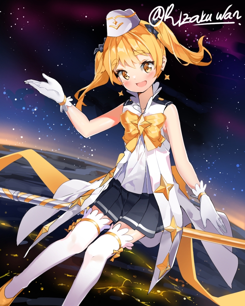 1girl blonde_hair blush broom flying gloves highres hikaru_(houkago_no_pleiades) houkago_no_pleiades magical_girl medium_hair night night_sky open_mouth ribbon sky smile star_(sky) star_ornament thighhighs twintails user_tkfx8432 white_gloves white_thighhighs yellow_eyes yellow_ribbon