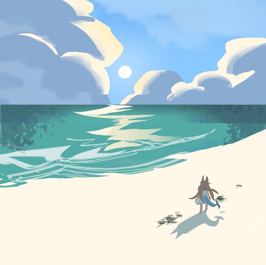 1girl absurdres beach blonde_hair blue_sky cloud dress fins fish_girl fish_tail highres indie_virtual_youtuber low_twintails sameko_saba sand shinkai_(ghoul-de-mask) sky solo tail twintails virtual_youtuber water white_dress