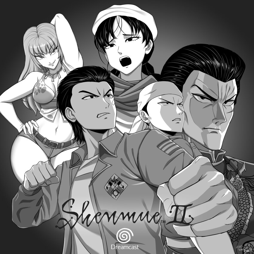 2girls 3boys absurdres angry arm_above_head bandage_on_face bandages bandana belt breasts chinese_clothes clenched_hands collared_jacket denim denim_shorts fighting game_console greyscale hair_slicked_back hand_on_own_hip hat hazuki_ryou highres jacket joy_(shenmue) kansu-kansu lan_di large_breasts ling_shen_hua logo long_hair midriff monochrome multiple_boys multiple_girls open_mouth patch ren_wu_ying scarf sega sega_dreamcast shenmue shenmue_ii shirt shorts shoulder_patch simple_background t-shirt thighs very_long_hair white_bandana