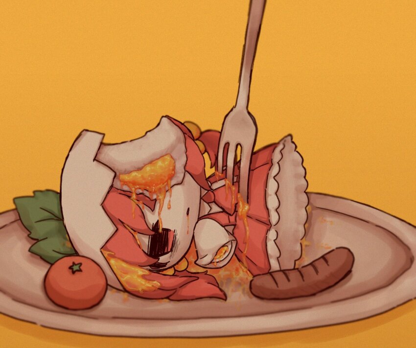 1girl agpgwm amputee ascot chibi chibi_only collared_shirt colored_skin commentary_request egg_(food) egg_yolk eggshell eggshell_hat empty_eyes food fork full_body hair_bobbles hair_ornament imigo_no_tamago_(vocaloid) kaai_yuki leaf looking_at_viewer low_twintails lying medium_hair on_back orange_background parted_lips pepoyo_(style) petticoat plate quadruple_amputee red_ascot red_eyes red_hair red_skirt sausage shirt short_sleeves simple_background skirt solo suspender_skirt suspenders tomato twintails vocaloid white_shirt white_skin