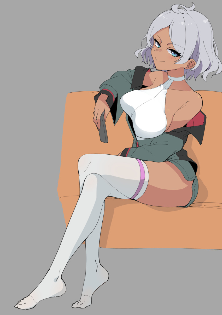 1girl ass asticassia_school_uniform blue_eyes blush breasts couch crossed_legs dark-skinned_female dark_skin grey_hair gundam gundam_suisei_no_majo halterneck highres jacket large_breasts looking_at_viewer off_shoulder open_clothes open_jacket secelia_dote short_hair sitting smile solo thighhighs wide_hips zooanime