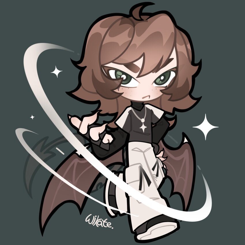 1boy ahoge baggy_pants black_gloves black_shirt black_shoes bright_pupils brown_hair brown_tail brown_wings chibi claws closed_mouth colored_eyelashes commentary commission demon_boy demon_tail demon_wings english_commentary fingerless_gloves freckles frown gloves green_eyes grey_background grey_shirt hair_between_eyes hand_on_own_hip highres layered_shirt layered_sleeves light_blush long_hair long_sleeves low_wings male_focus necktie original outstretched_hand pants pocket see-through_tail shirt shoes short_over_long_sleeves short_sleeves signature simple_background sneakers solo sparkle swept_bangs t-shirt tail tsurime turtleneck turtleneck_shirt two-tone_sleeves walking white_pants white_pupils white_sleeves wikate wings