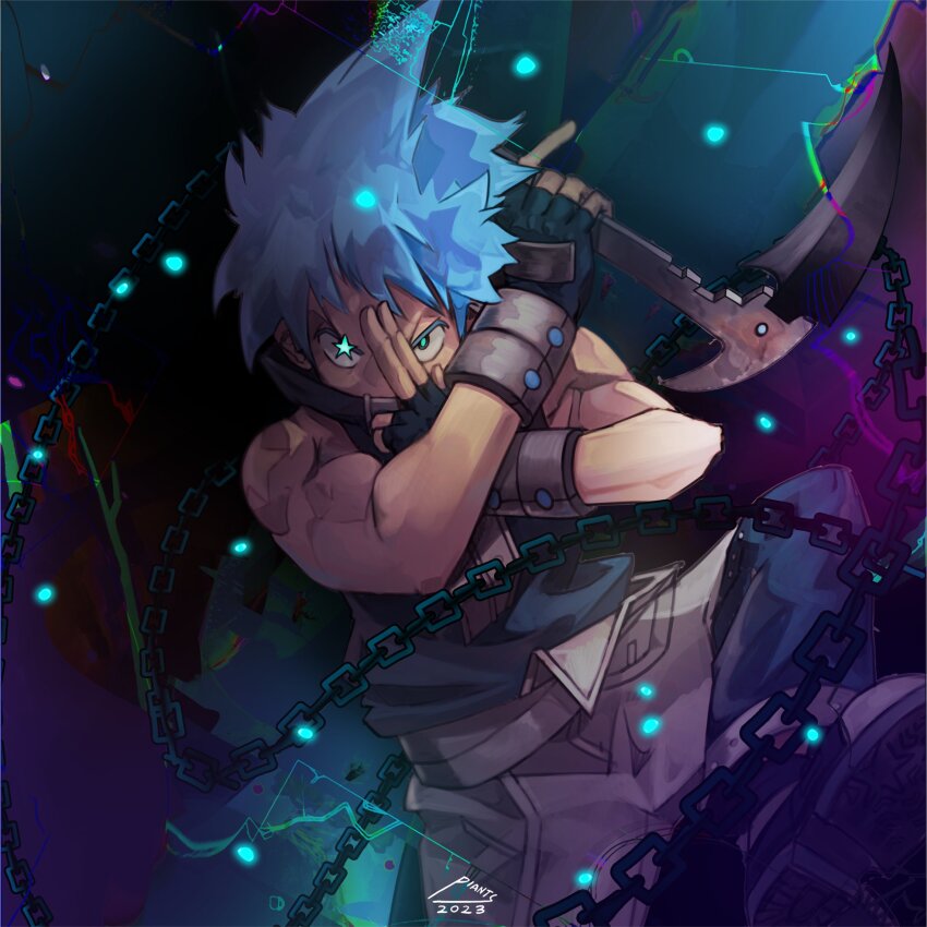 1boy 2023 black_gloves black_star blue_eyes blue_hair commentary english_commentary fingerless_gloves gloves high_collar highres holding holding_weapon looking_at_viewer lv5plant male_focus short_hair signature sleeveless solo soul_eater weapon