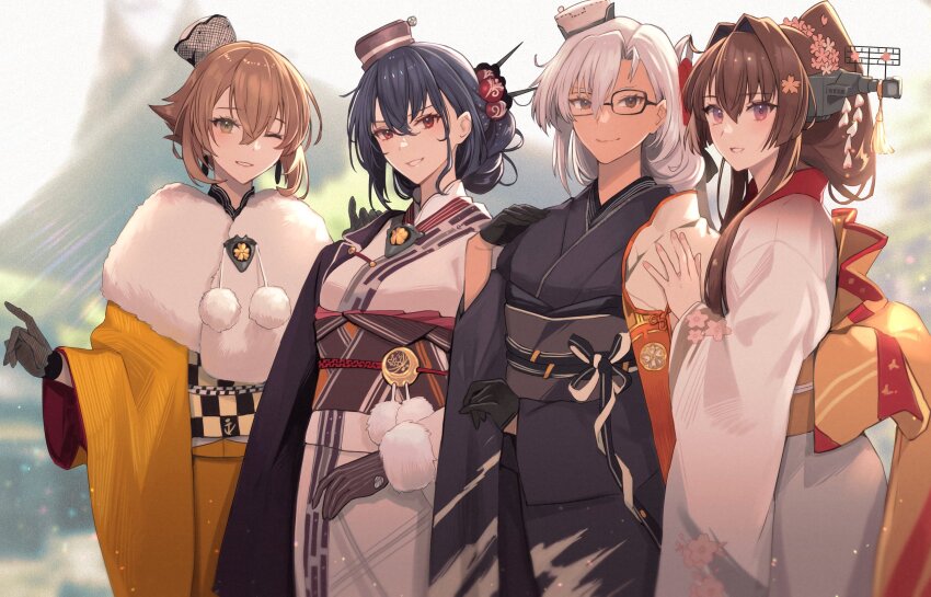 1girl 4girls ;) black_gloves black_hair black_kimono brown_eyes brown_hair commentary_request dark-skinned_female dark_skin floral_print flower furisode glasses gloves green_eyes hair_between_eyes hair_bun hair_flower hair_ornament hat highres japanese_clothes kantai_collection kanzashi kasumi_(skchkko) kimono long_hair looking_at_viewer mini_hat multiple_girls musashi_(kancolle) musashi_(new_year)_(kancolle) mutsu_(kancolle) mutsu_(new_year)_(kancolle) nagato_(kancolle) nagato_(new_year)_(kancolle) obi official_alternate_costume official_alternate_hairstyle one_eye_closed outdoors ponytail red_eyes sash short_hair smile white_kimono wide_sleeves yamato_(new_year)_(kancolle)