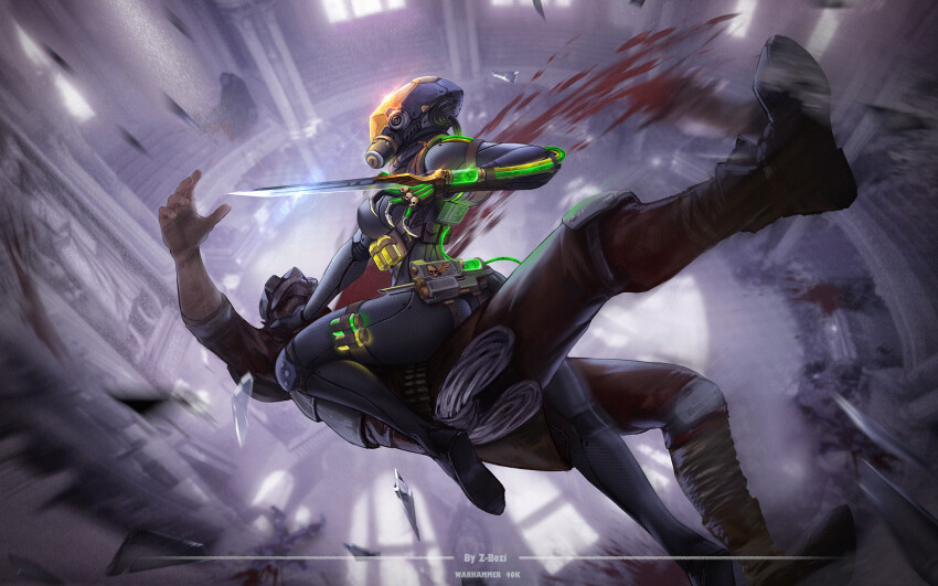 1boy 1girl arm_blade artist_name assassin belt black_bodysuit blood bodysuit copyright_name debris falling glowing helmet highres imperial_aquila mask officio_assassinorum poison rope thigh_strap tube utility_belt venenum_assassins warhammer_40k weapon zhang_bozi