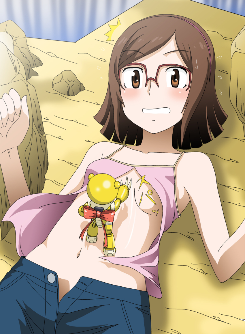 10s 1girl assisted_exposure bear beargguy_iii blush breasts brown_eyes brown_hair denim glasses gundam gundam_build_fighters gunpla hairband highres jeans kousaka_china lying mecha midriff model_kit navel on_back open_clothes over-rim_eyewear pants red-framed_eyewear robot semi-rimless_eyewear short_hair size_difference sweatdrop takaya_n underboob wardrobe_malfunction